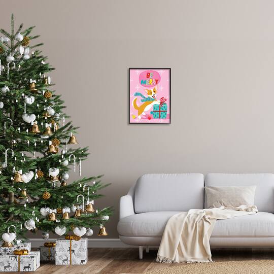 Stupell Industries Be Merry Smiling Puppy Gift Framed Giclee Art